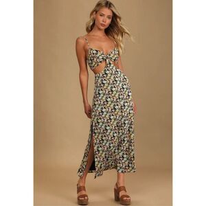 NWT Lulus It's a Perfect Pick Navy Blue Floral Print Cutout Maxi Dress Women’s L